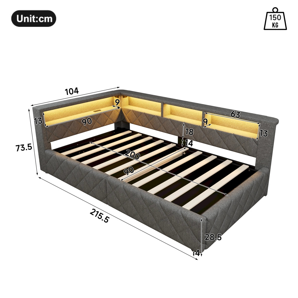 Letto da Giorno 90x200 cm in lino e MDF con Contenitore Idraulico; LED; USB-C Grigio