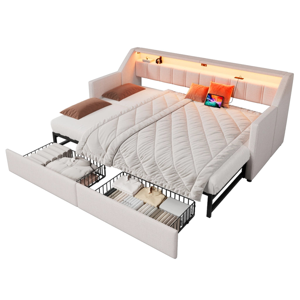 Daybed 90 x 200 cm con USB, Type-C, LED e 2 cassetti, beige