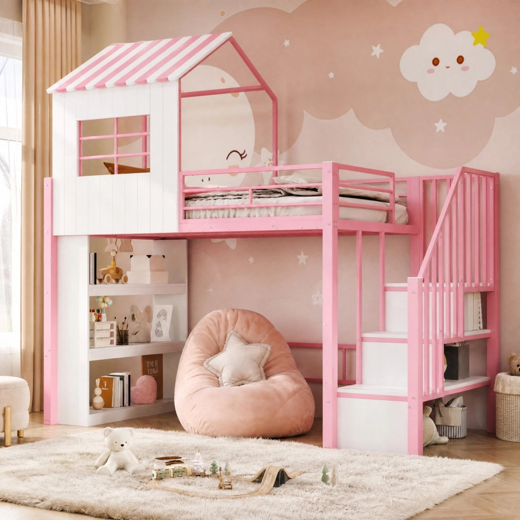 Letto a soppalco in ferro 90x200 cm con sponda alta, scala sicura reversibile e scaffalatura multi-livello, colore rosa