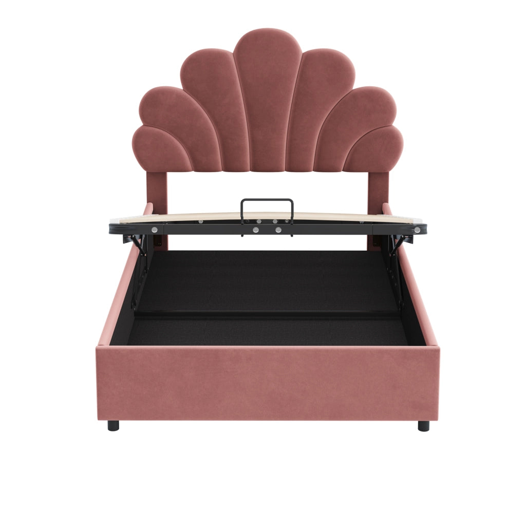 Letto imbottito 90 x 200 cm in velluto rosa con testiera floreale e contenitore