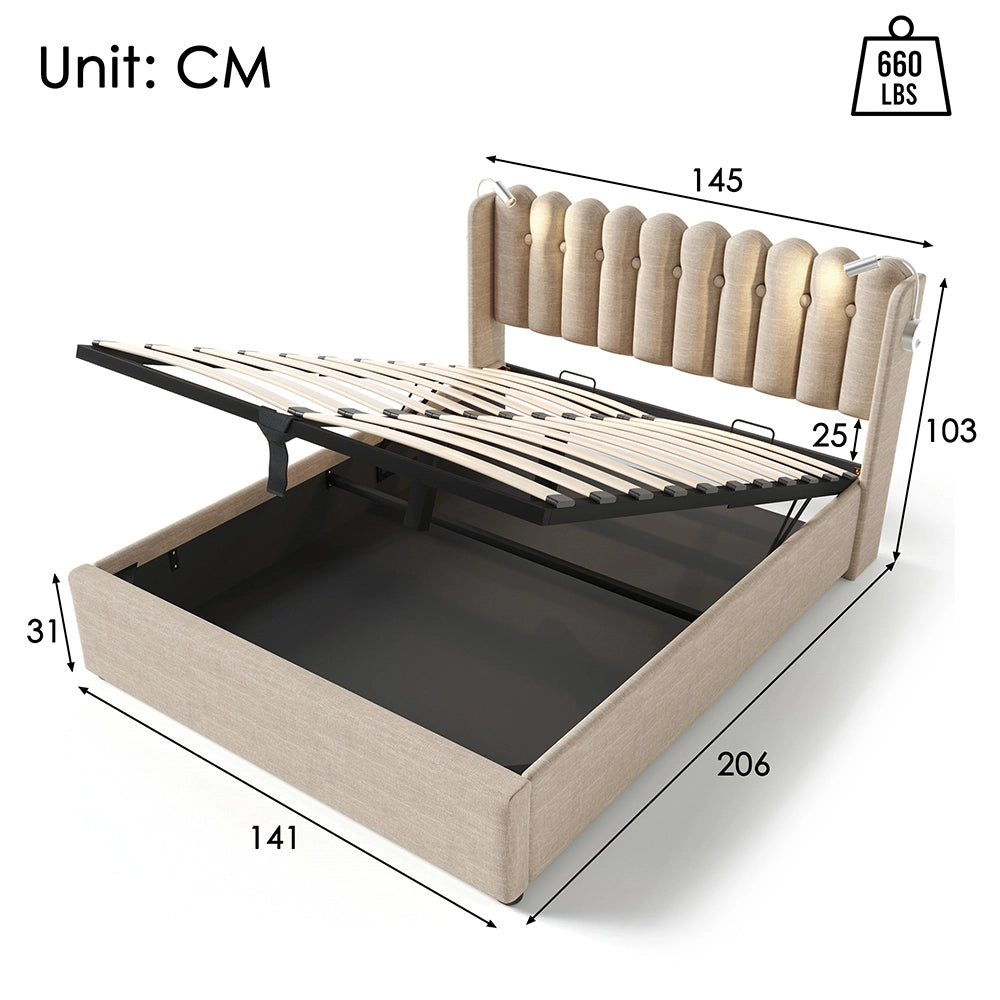 Lit coffre imbottito 140x200 cm - Xylo - Funzione di carico, due luci da lettura, beige
