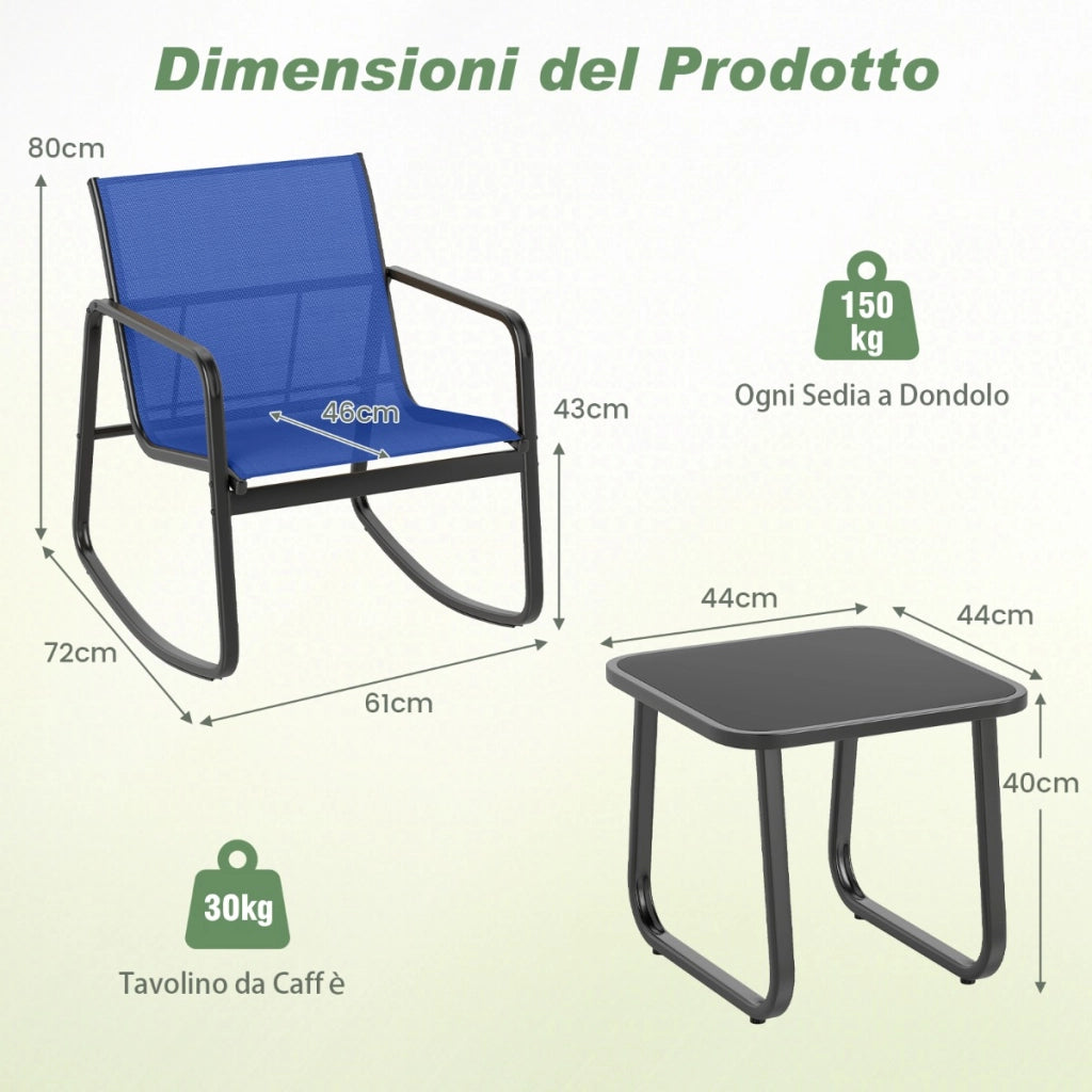 Set di dondoli per patio a 3 pezzi 2 sedie bistrot a dondolo e tavolo con piano in vetro, Set di sedie a dondolo per esterni Blu-Set mobili da esterno