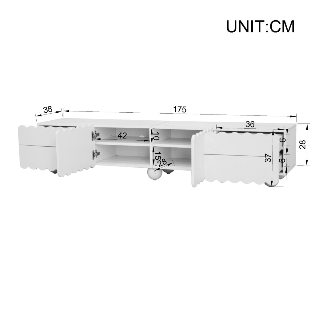 Mobile TV 175x38x37 cm con ante e cassetti in MDF e pannelli di particelle bianco