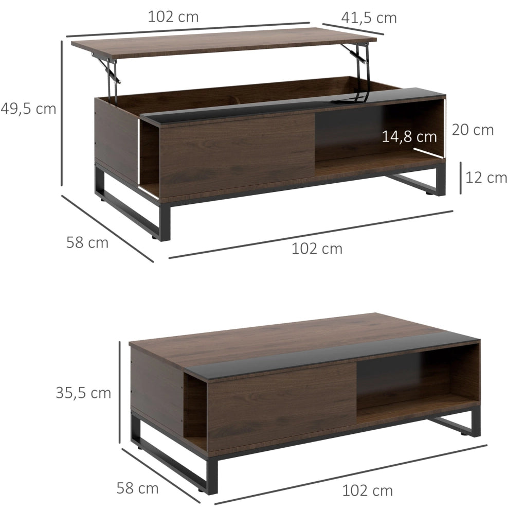 Tavolino da salotto ULEVR 102x58x35,5 cm con piano sollevabile, 2 vani nascosti e ripiano inferiore, noce