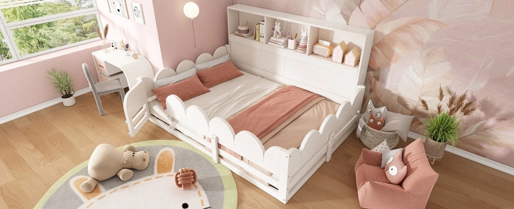 Letto da terra per bambini 140x200 cm bianco con protezione anticaduta, porta e scaffale integrato in legno di pino