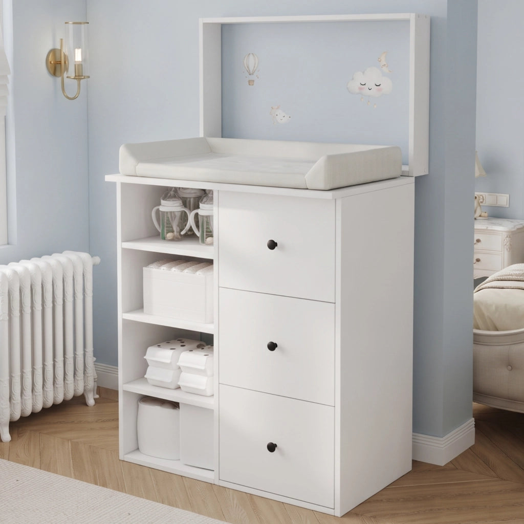 Fasciatoio 2 in 1 con sponda rimovibile; cassetti e vani laterali aperti; MDF bianco e maniglie nere