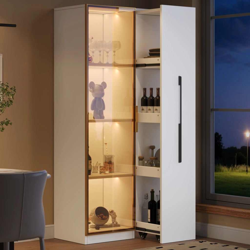 Vetrina 70x40x160 cm in MDF bianco con ante in vetro colorato; LED e modulo estraibile