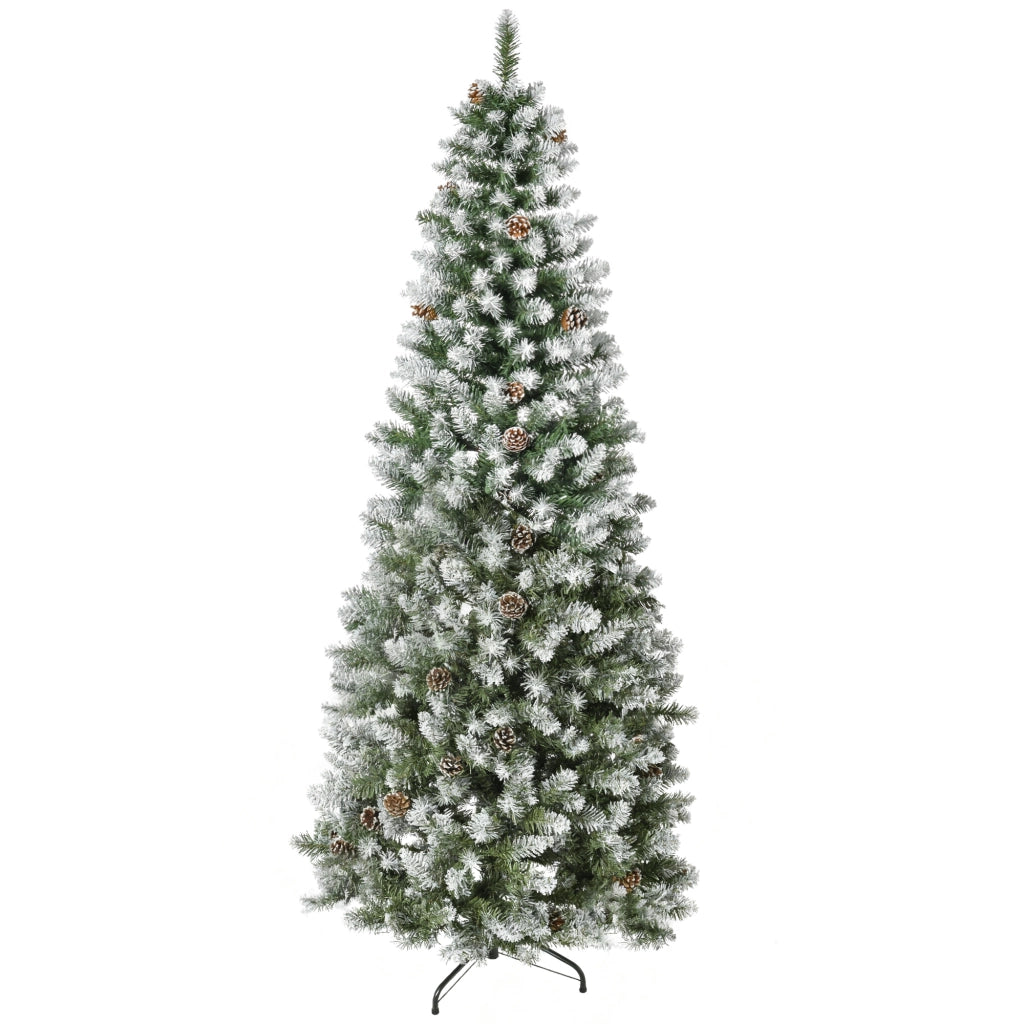 Albero di Natale Innevato 180 cm con 630 Rami e 37 Pigne, in Plastica e Metallo, Facile da Montare per Casa, Verde e Bianco