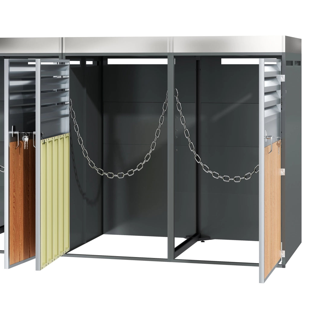 Armadio portabidoni a quattro vani con fioriera integrata porte con serratura in acciaio zincato grigio effetto legno