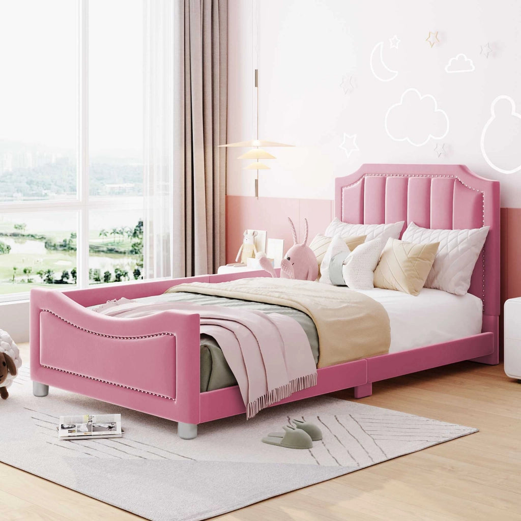 Letto singolo imbottito 90x200 cm rosa con schienale e braccioli, senza materasso