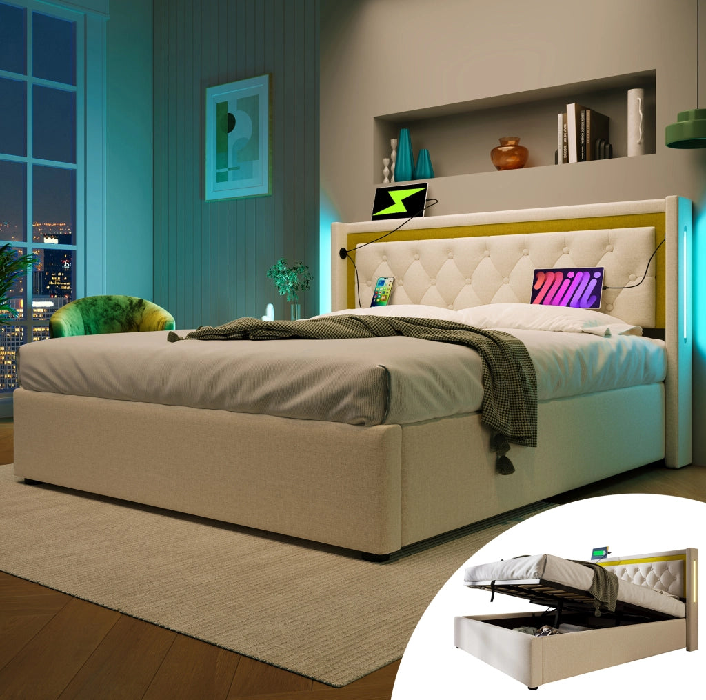 Letto matrimoniale 140x200 cm con contenitore; LED; USB e USB-C in cotone beige