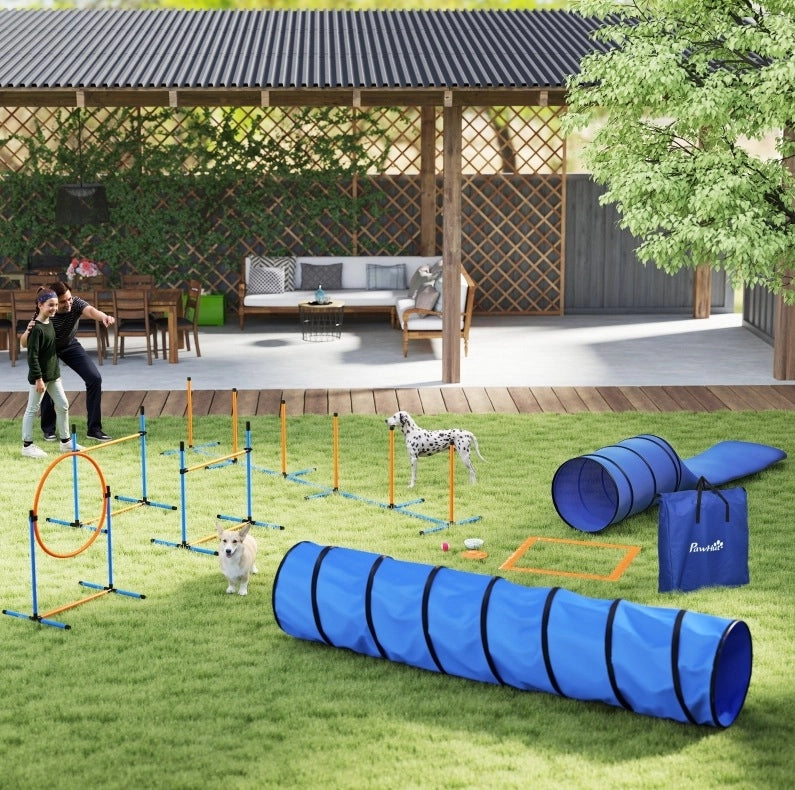 Set da agility per cani con tunnel, ostacoli e slalom