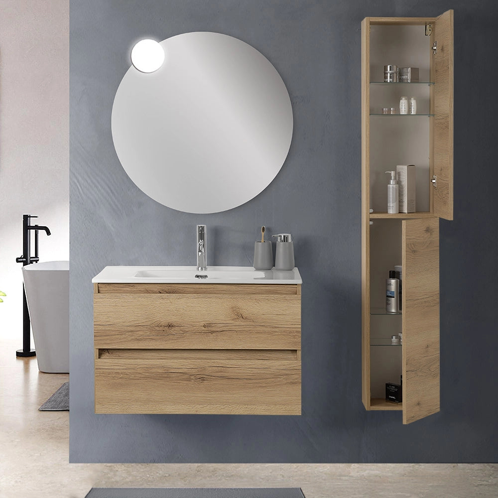 Mobile bagno sospeso 100 cm in legno color quercia naturale 2 cassettoni con lavabo Leda