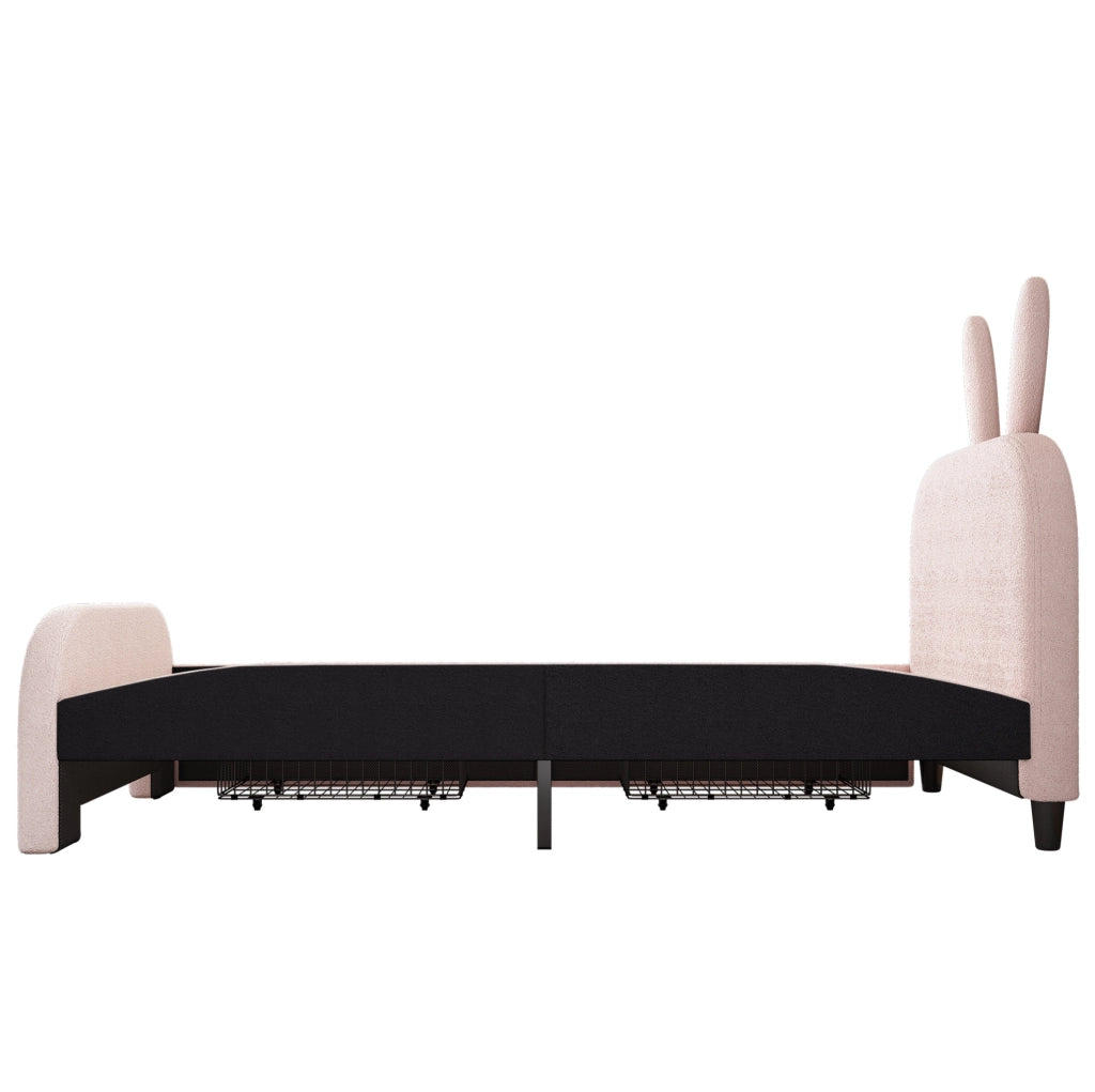 Letto per bambini 90x200 cm imbottito rosa con testiera coniglio e due cassetti