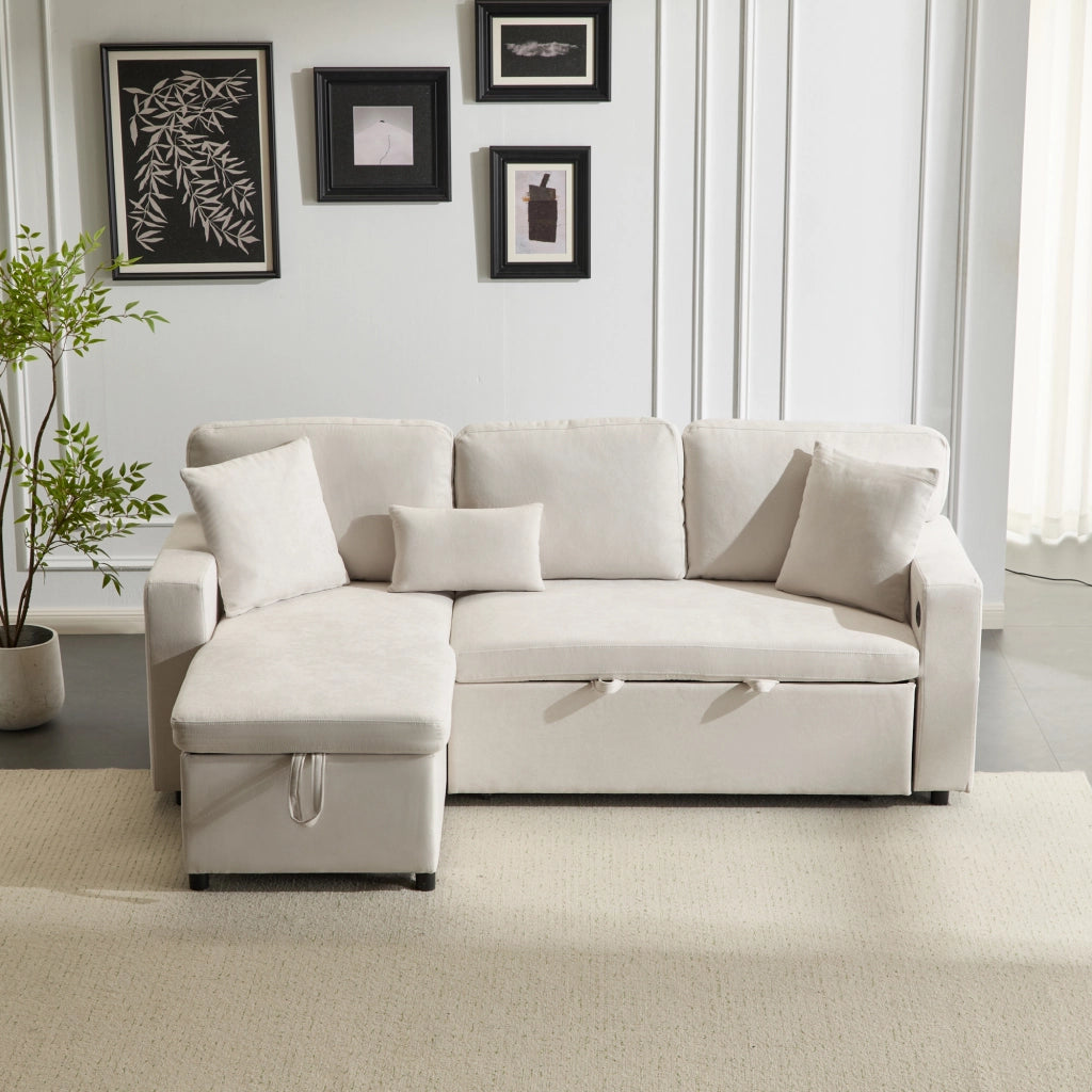 DIVANO LETTO Angolare 214x131x87 cm Beige Flanella con 3 cuscini
