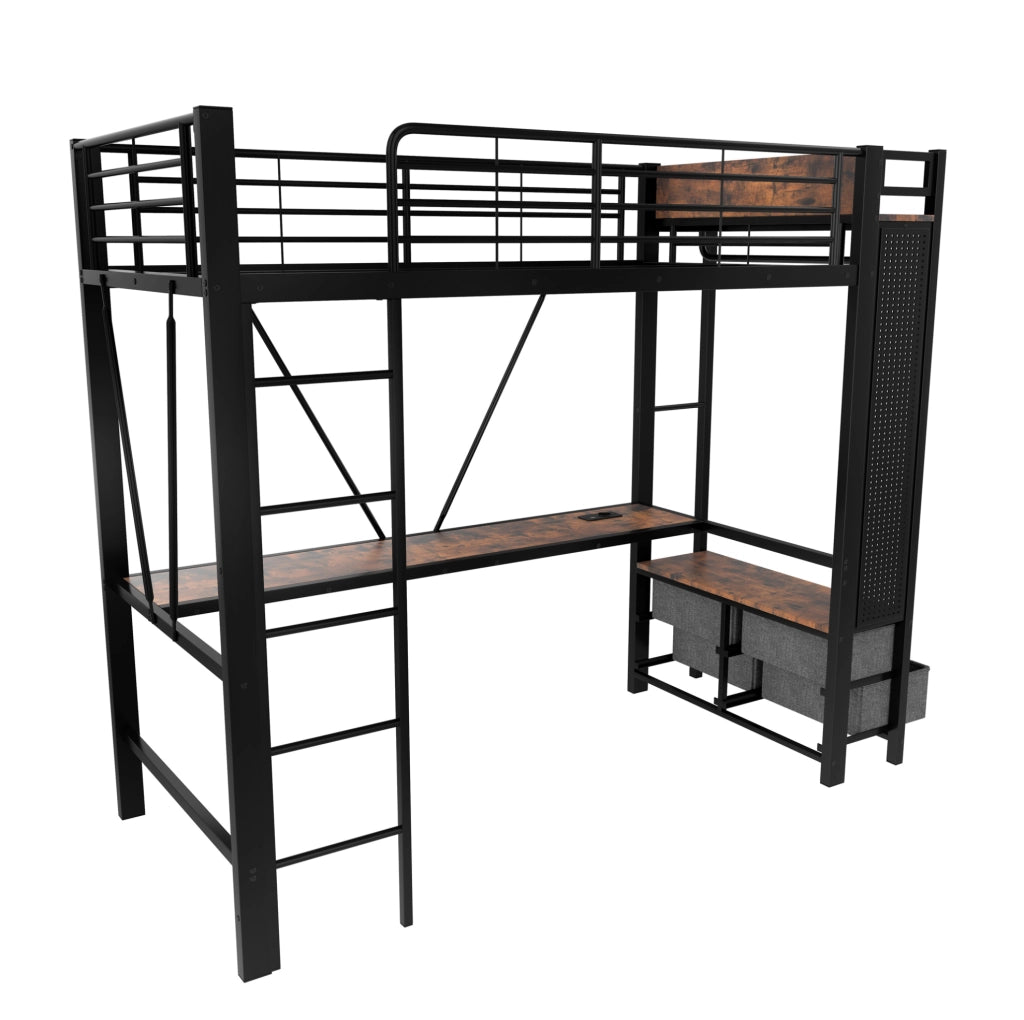 Letto a soppalco 90x200 cm con scrivania, 4 cassetti, LED e USB-C nero