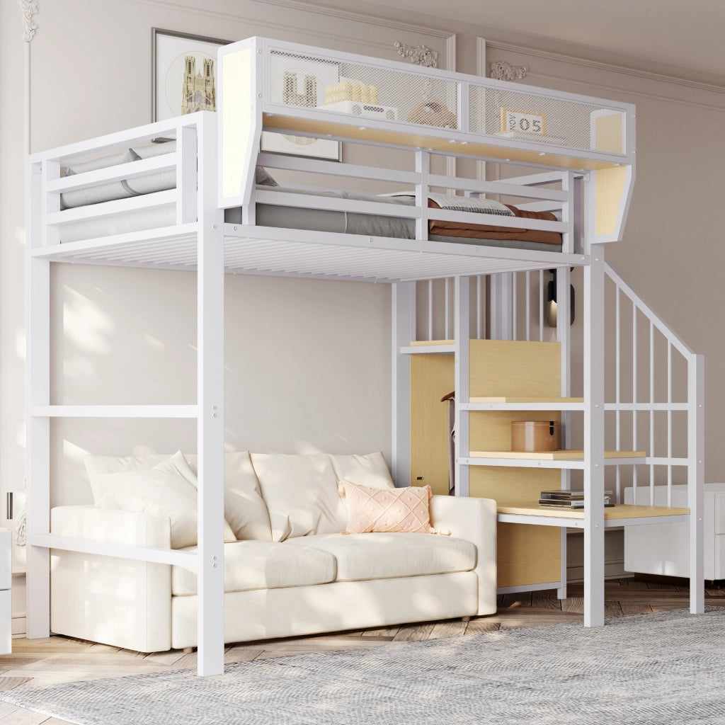 Letto a soppalco 90 × 200 cm 1 posto con scala di sicurezza e mensola regolabile; senza materasso; bianco e nero