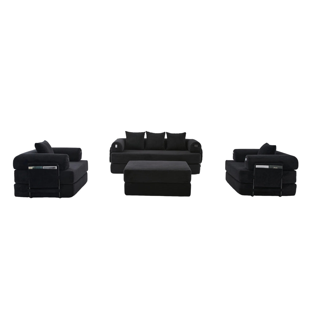 Set divano modulare 3 posti con poltrona e pouf in velluto a coste nero