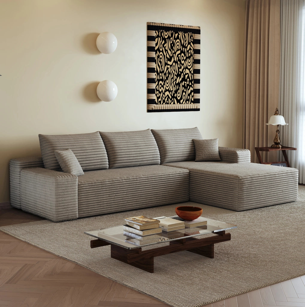 Divano in tessuto a coste color cammello 270x175x83 cm con imbottitura in schiuma