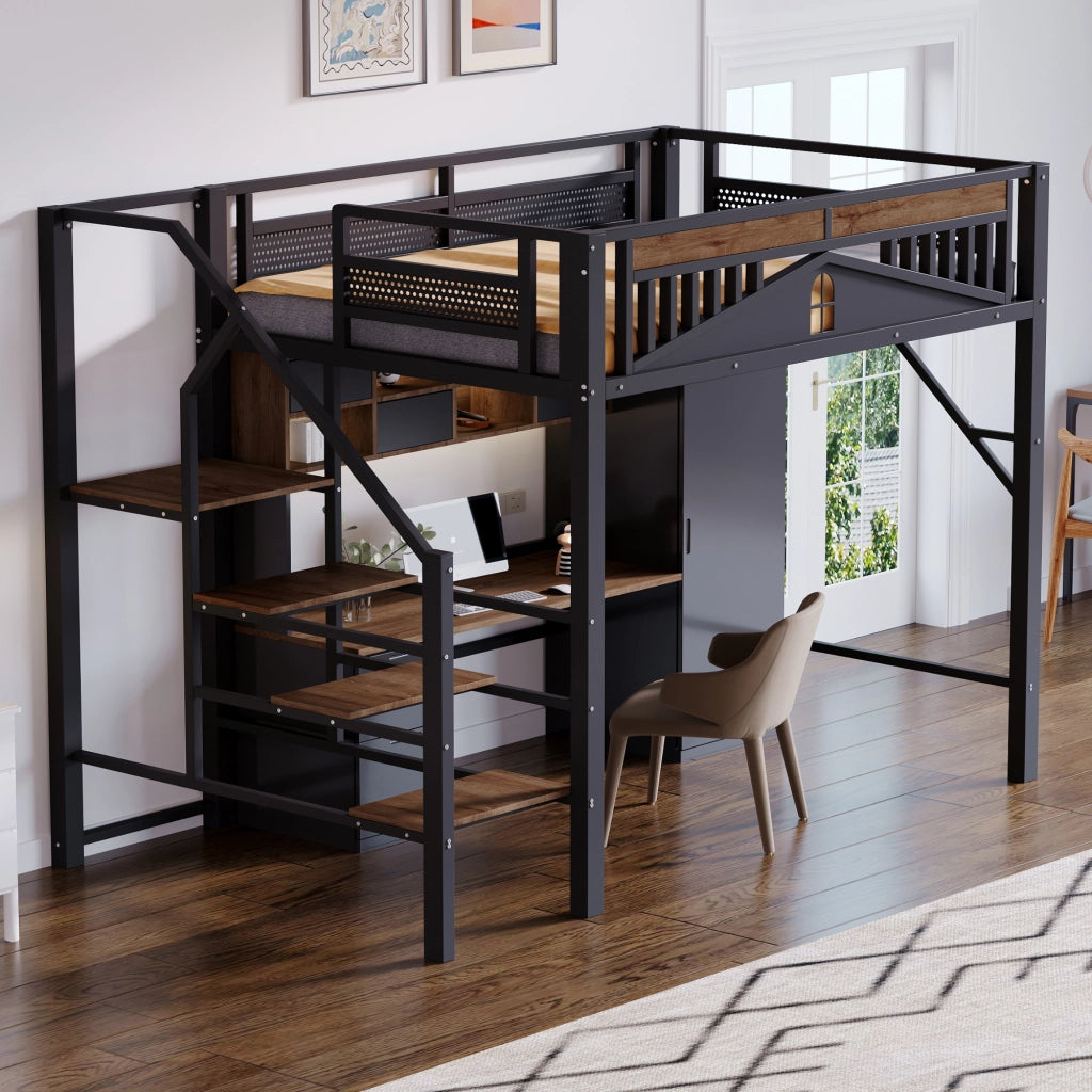 Letto a soppalco 140 × 200 cm con scala di sicurezza; gradini in legno e barriera a finestra in metallo nero