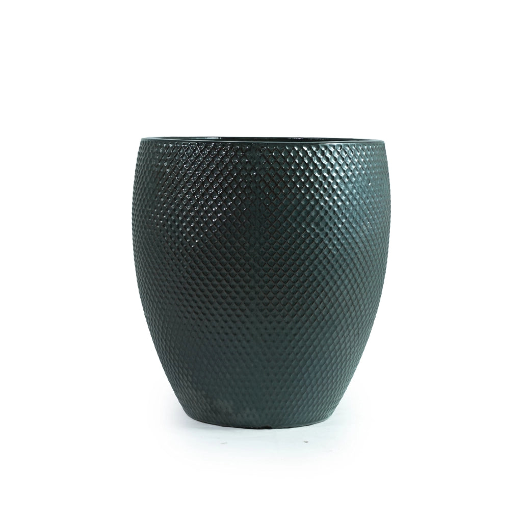 Vaso da fiori in ceramica Ø 46 cm alto 53 cm con rilievo a rombi verde scuro lucido per giardino e terrazza