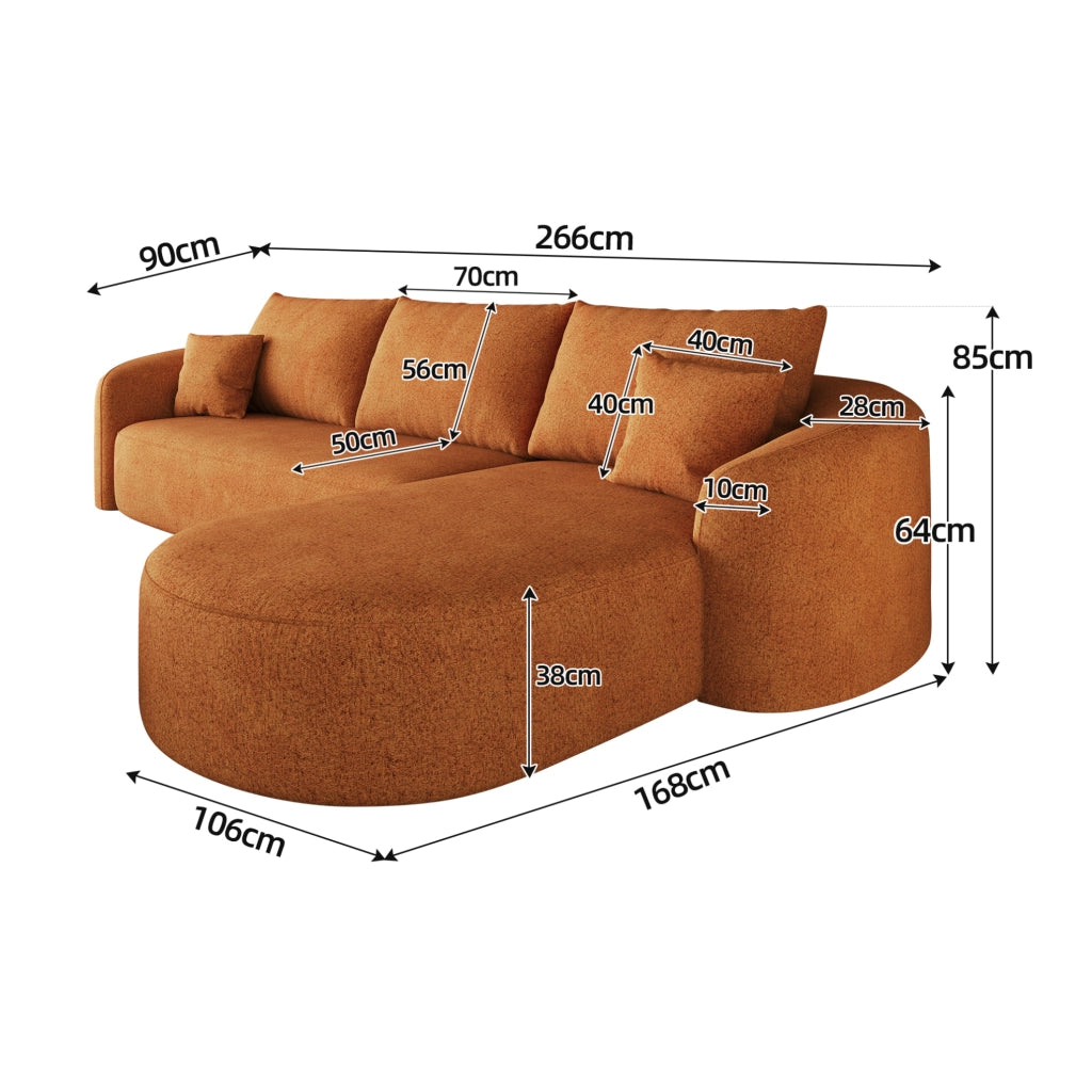 Divano angolare a L 266x168x85 cm in tessuto arancione; senza montaggio