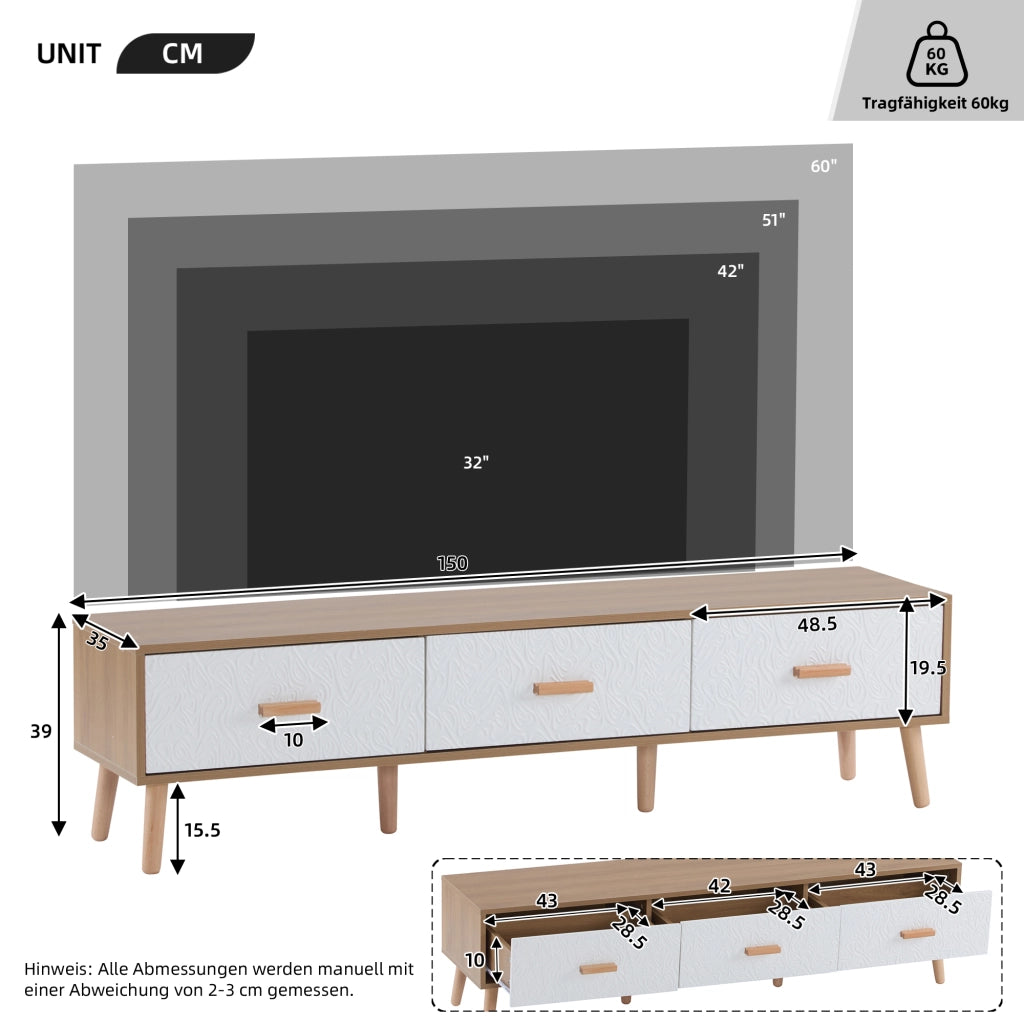 MOBILE TV 150x39x35 cm Bianco e Legno con 3 Cassetti