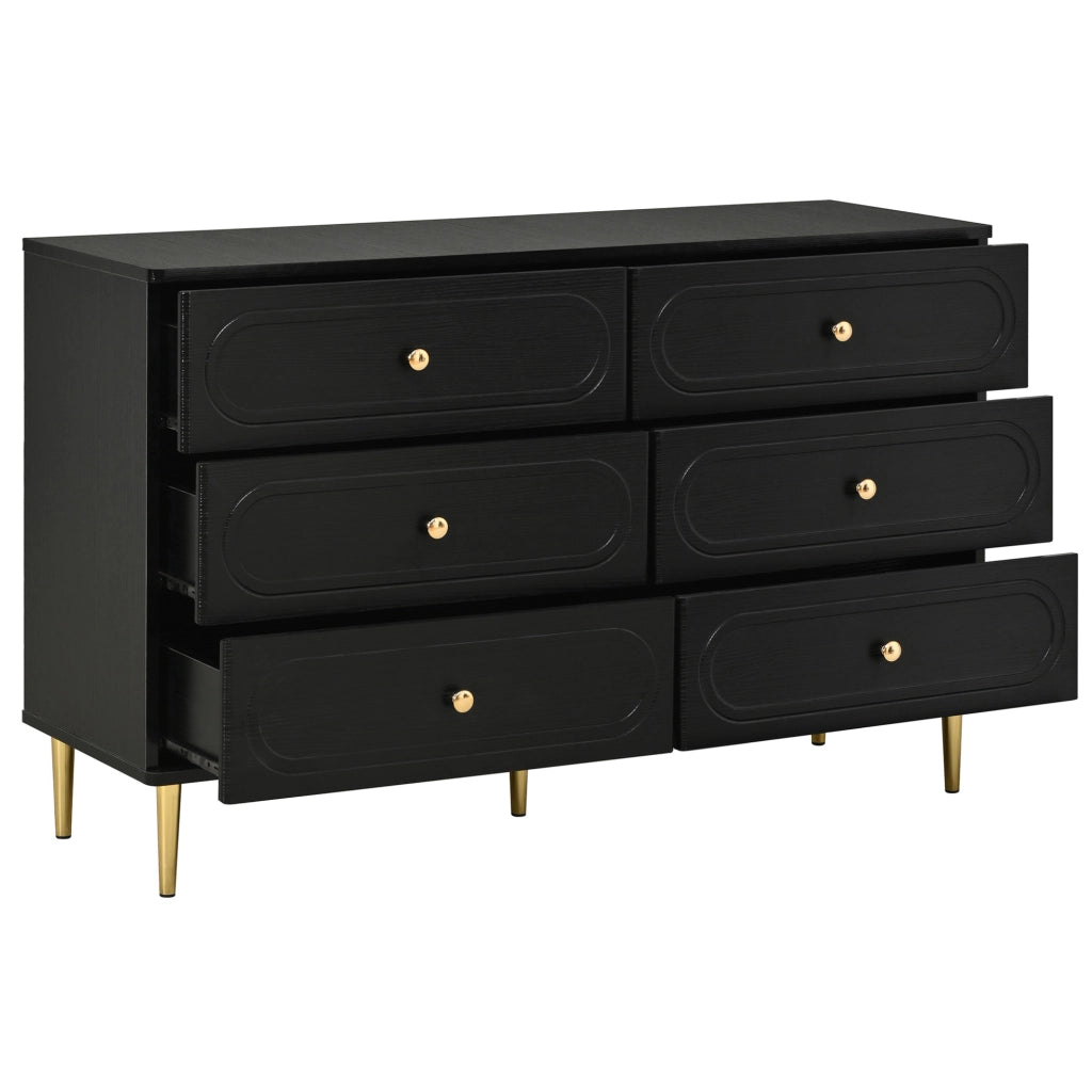 Credenza con 6 cassetti e piedini in metallo in MDF e truciolare nera
