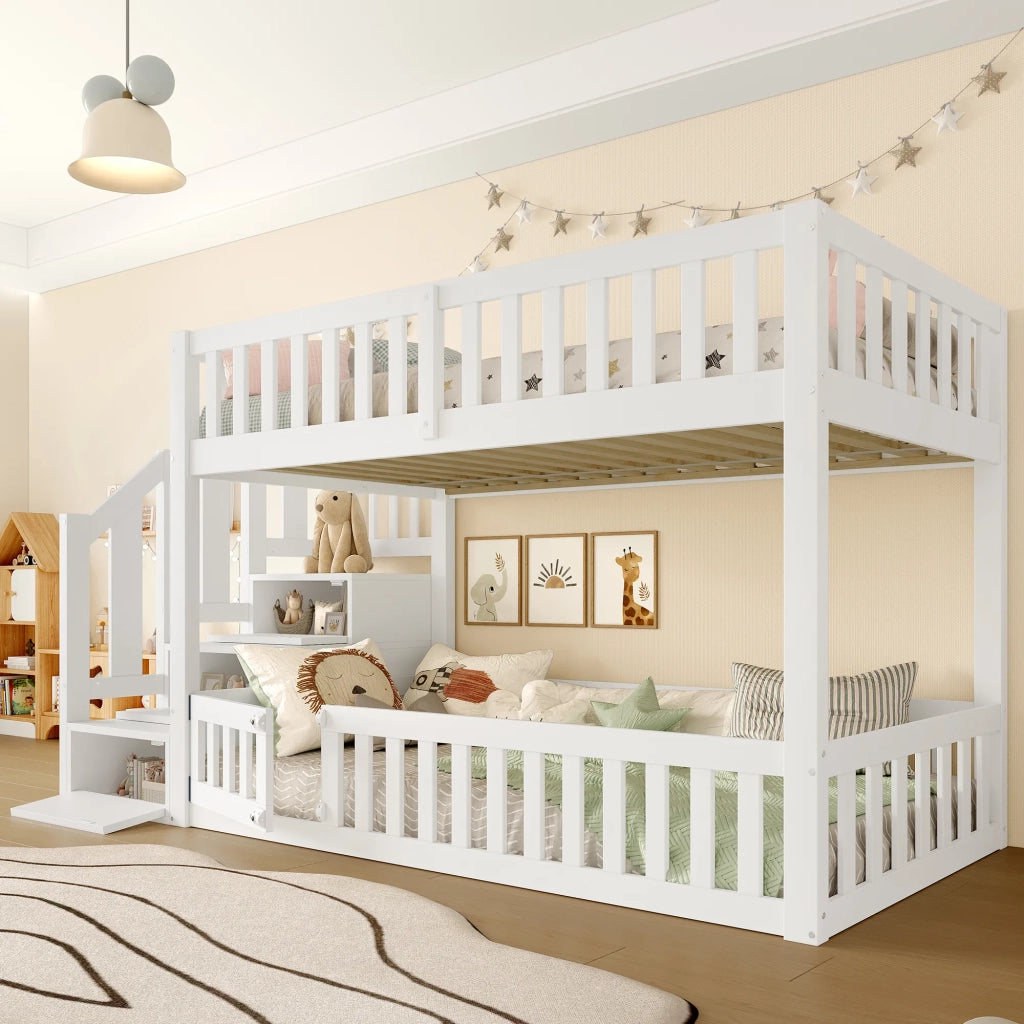 Letto a castello 90x200 cm, bianco, con scala dotata di spazio contenitore