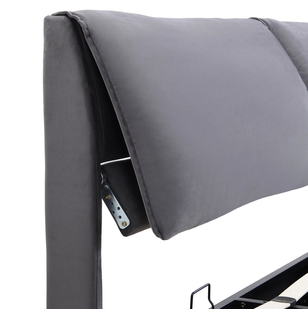 Letto imbottito grigio in velluto 160x200 con contenitore, 3 cassetti e rete a doghe, senza materasso