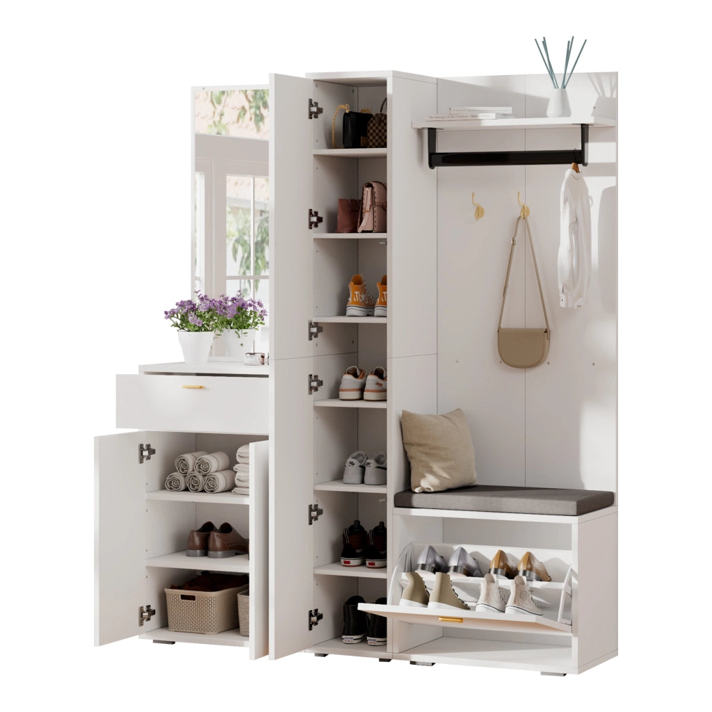 Mobile da ingresso con specchio e appendiabiti, 3 ante, scarpiera a ribalta, panca e cassetto, bianco, 150 × 36 × 180 cm