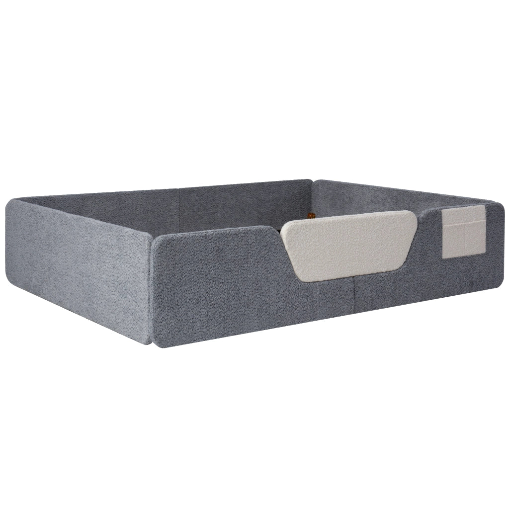 Letto a terra 140 x 190 cm con sponde di sicurezza rimovibili, letto matrimoniale con tasca in tessuto integrata, velluto grigio, rete a doghe inclusa
