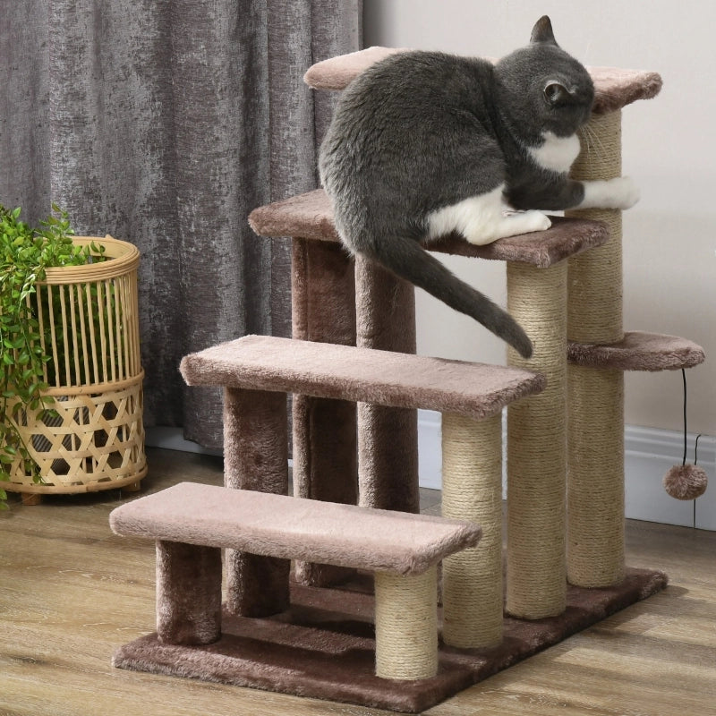 Scala per gatti con tiragraffi in corda di juta e pallina marrone in legno 60 × 40 × 64 cm