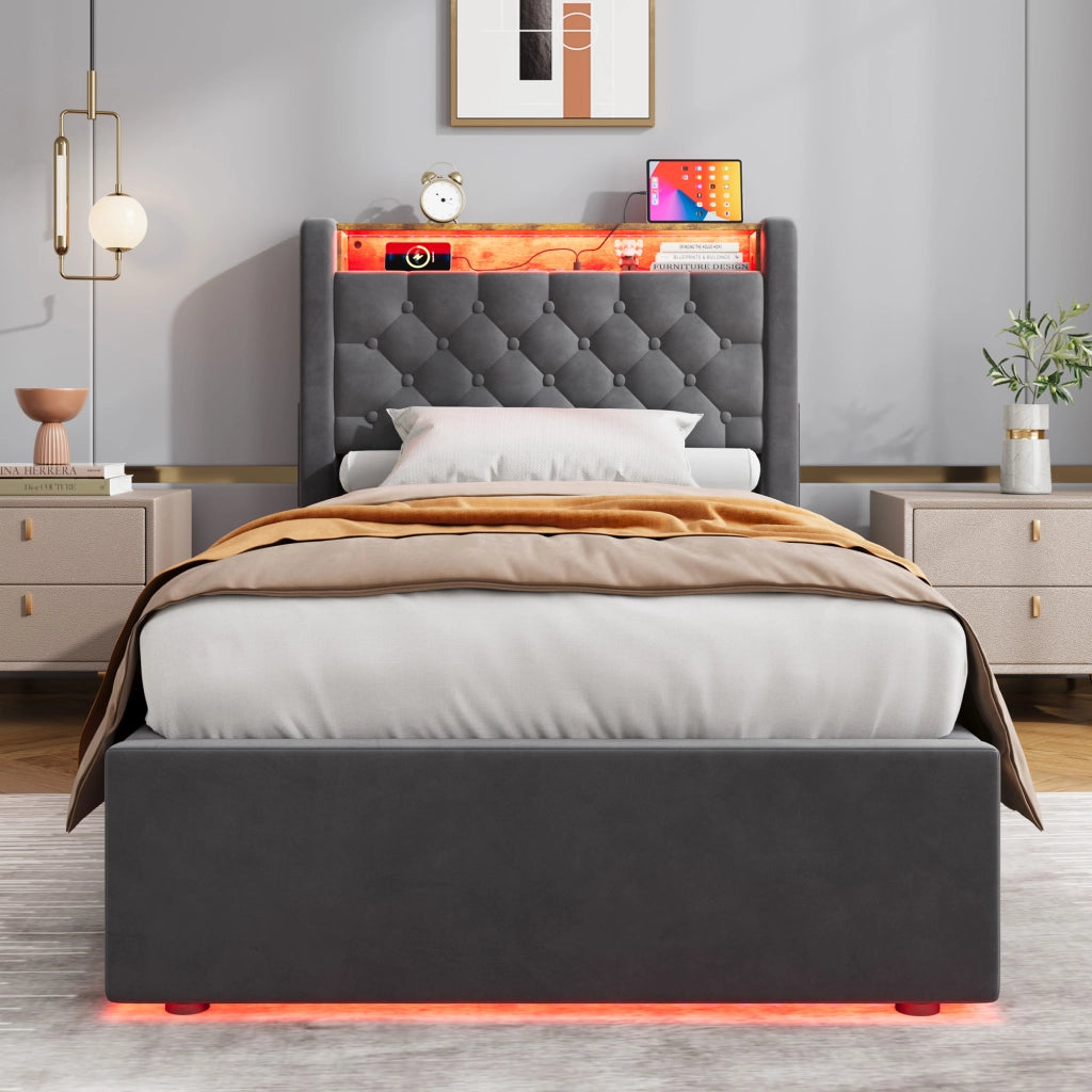 LETTO Imbottito 90 x 200 cm in Velluto Grigio con LED, USB e Contenitore