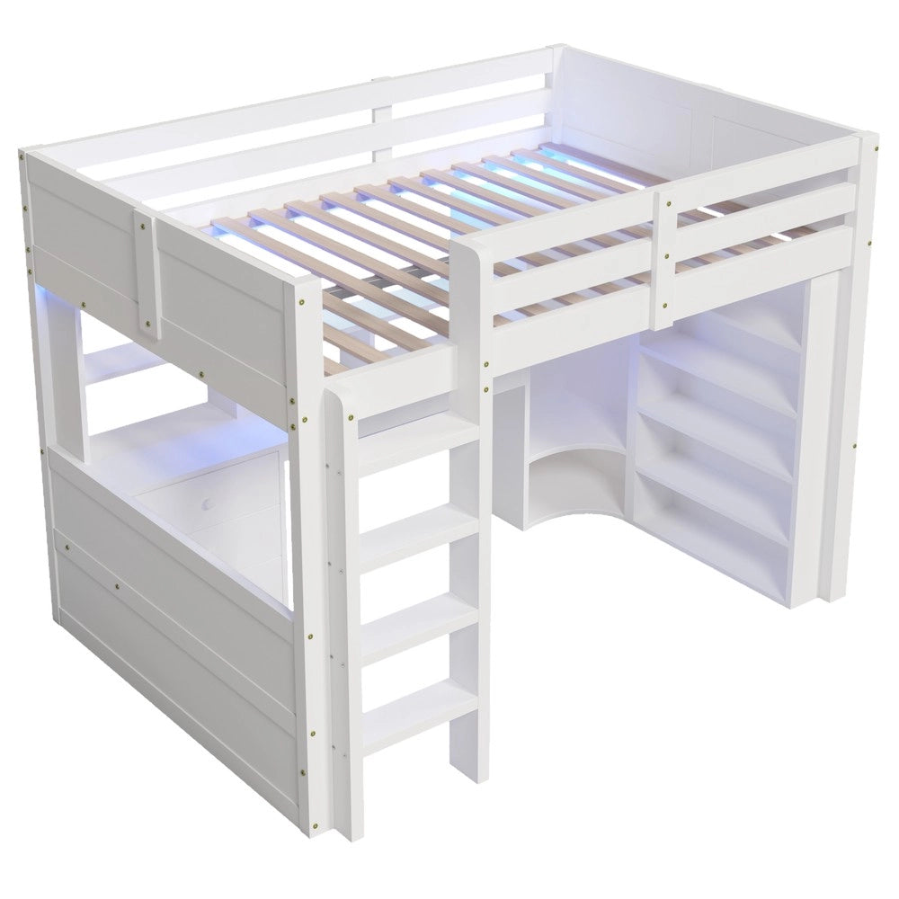 Letto a soppalco ¨C Minimal ¨C 140x200cm, bianco, con LED, armadio, scrivania, cassetti, senza materasso