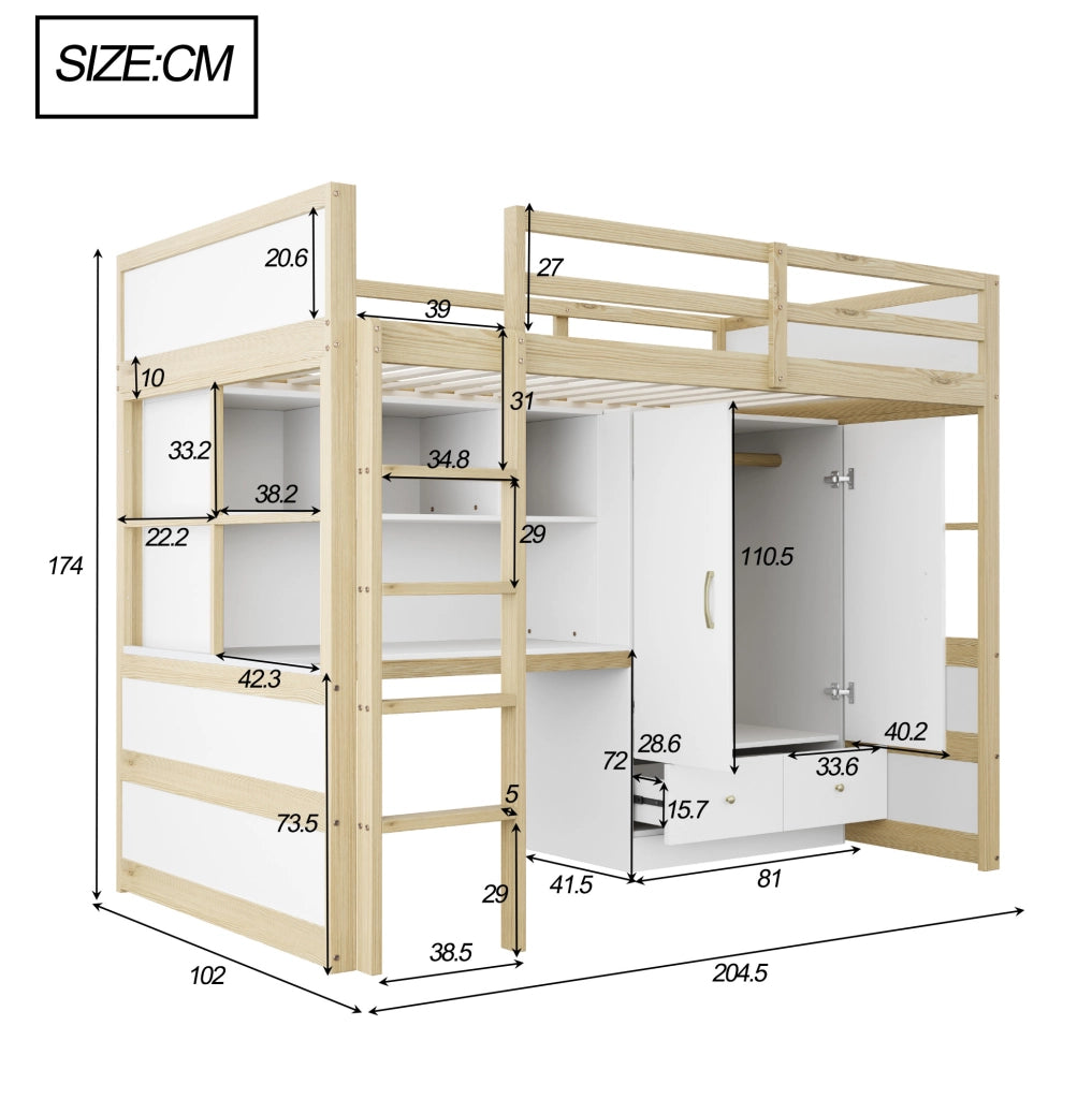 Letto a soppalco 90x200 cm con scrivania, armadio e cassetti colore naturale