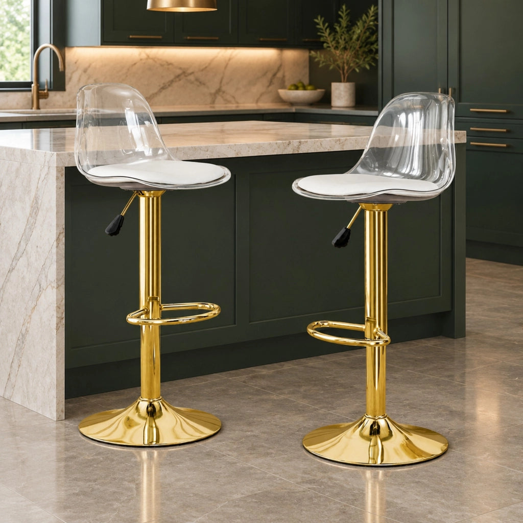 Set 2 sgabelli da bar regolabili 82-104 cm con schienale trasparente e base dorata HOMVRA