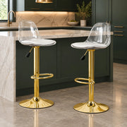 Set 2 sgabelli da bar regolabili 82-104 cm con schienale trasparente e base dorata HOMVRA