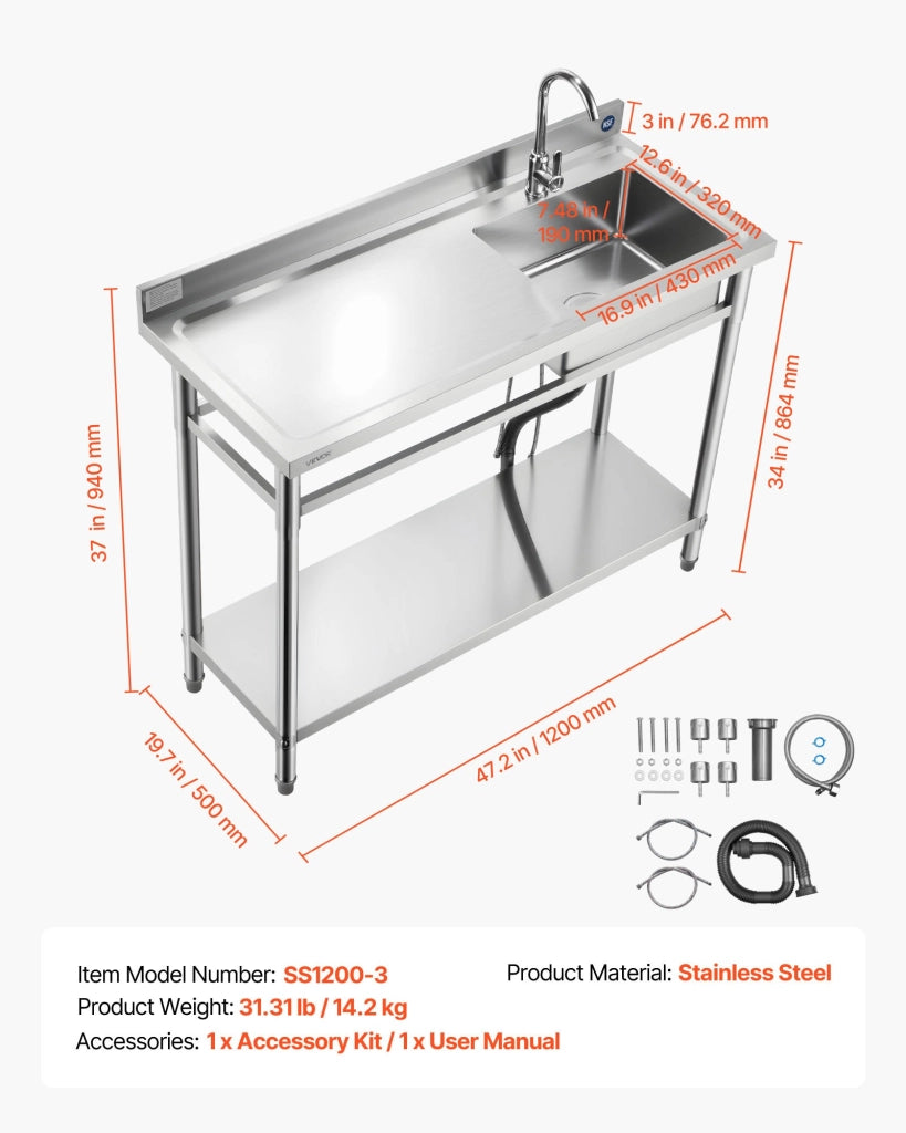Lavello mobile in acciaio inox con vasca singola, rubinetto e ripiano, piano sinistro per garage e lavanderia, SS1200-3, 1200 x 500 x 940 mm