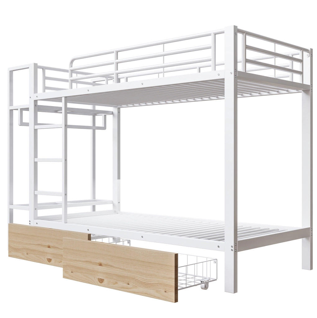 Letto a castello in ferro 90x200 cm con 2 cassetti, ripiani, luci LED e appendiabiti, bianco