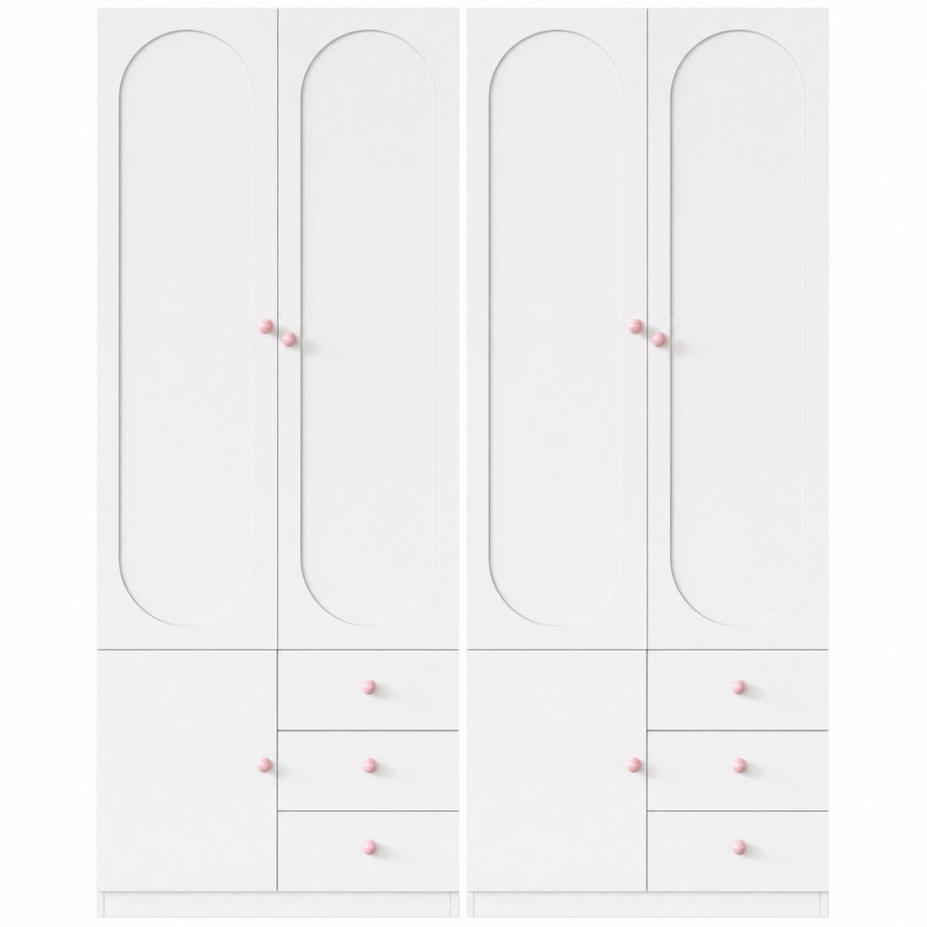 Desviae Armadio con 2 ante e 3 cassetti in MDF bianco con finitura laccata e maniglie rosa per camera