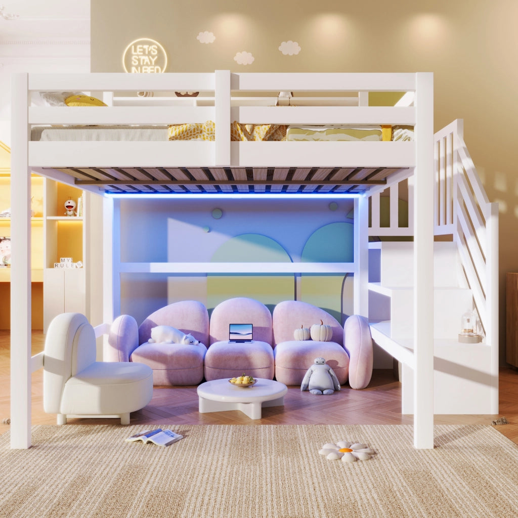 Letto a soppalco 140x200 cm con LED; scala contenitore e struttura bianca