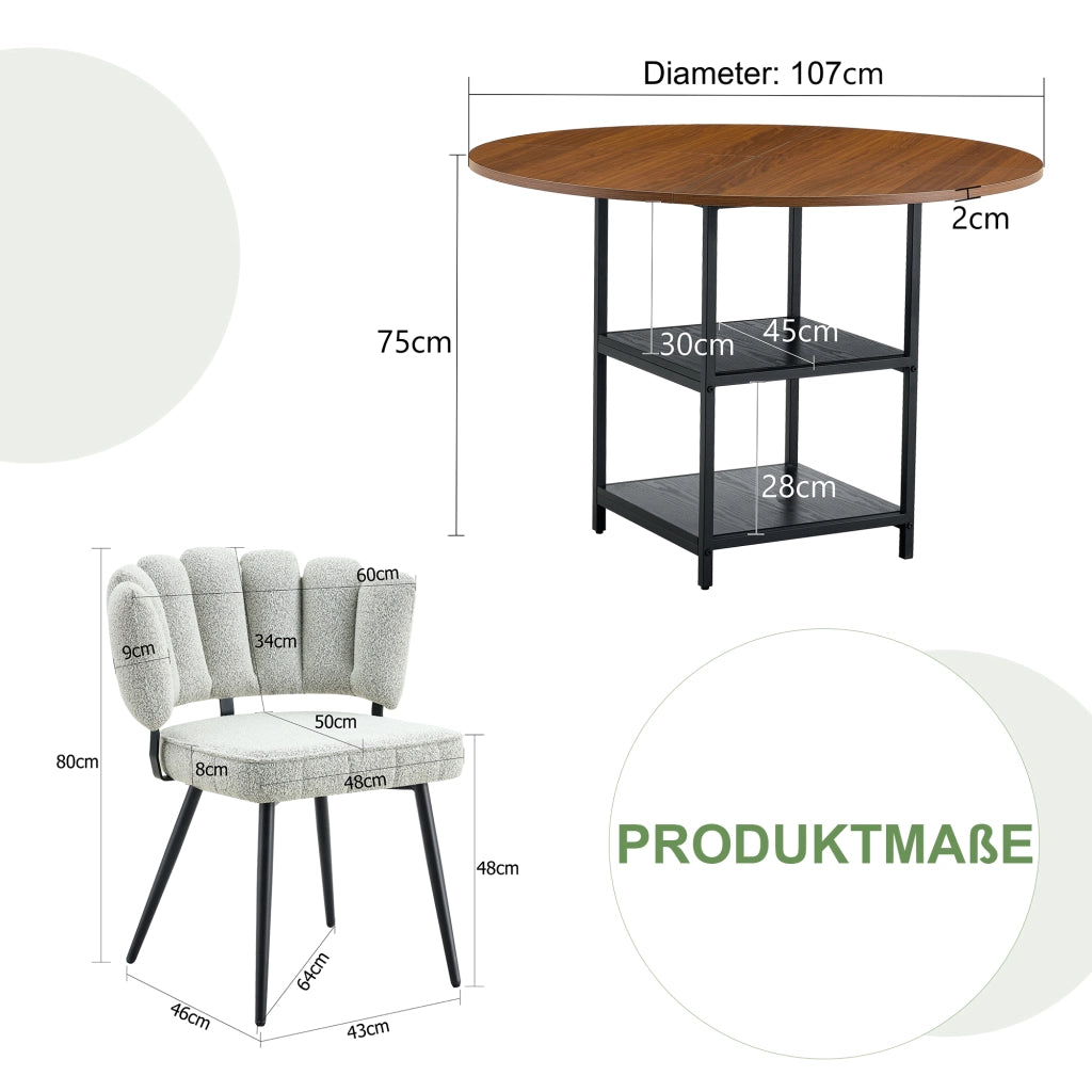 Tavolo da pranzo rotondo con doppio ripiano e 4 sedie in bouclé per sala da pranzo 107 cm noce e beige