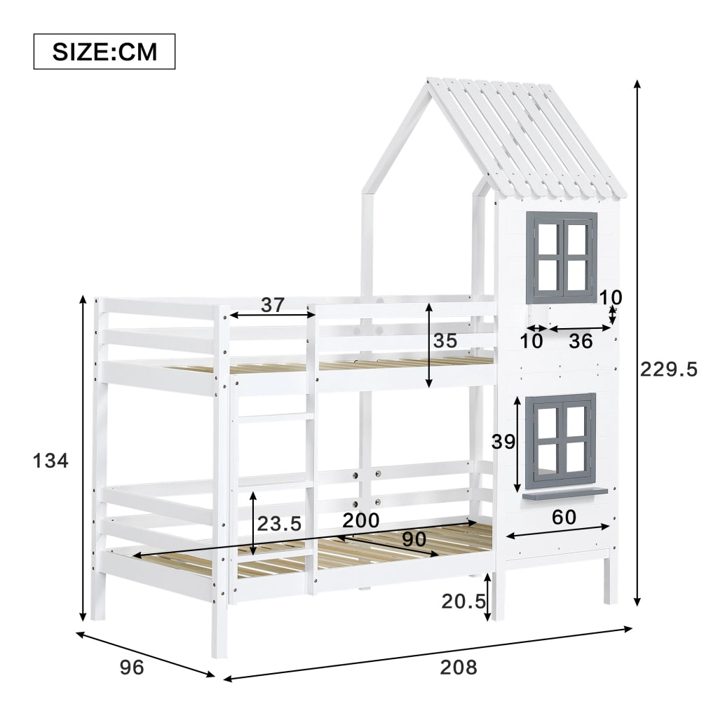 Letto a castello per bambini 90 × 200 cm, 2 posti, con finestre, scala con corrimano e barriere, senza materasso, bianco