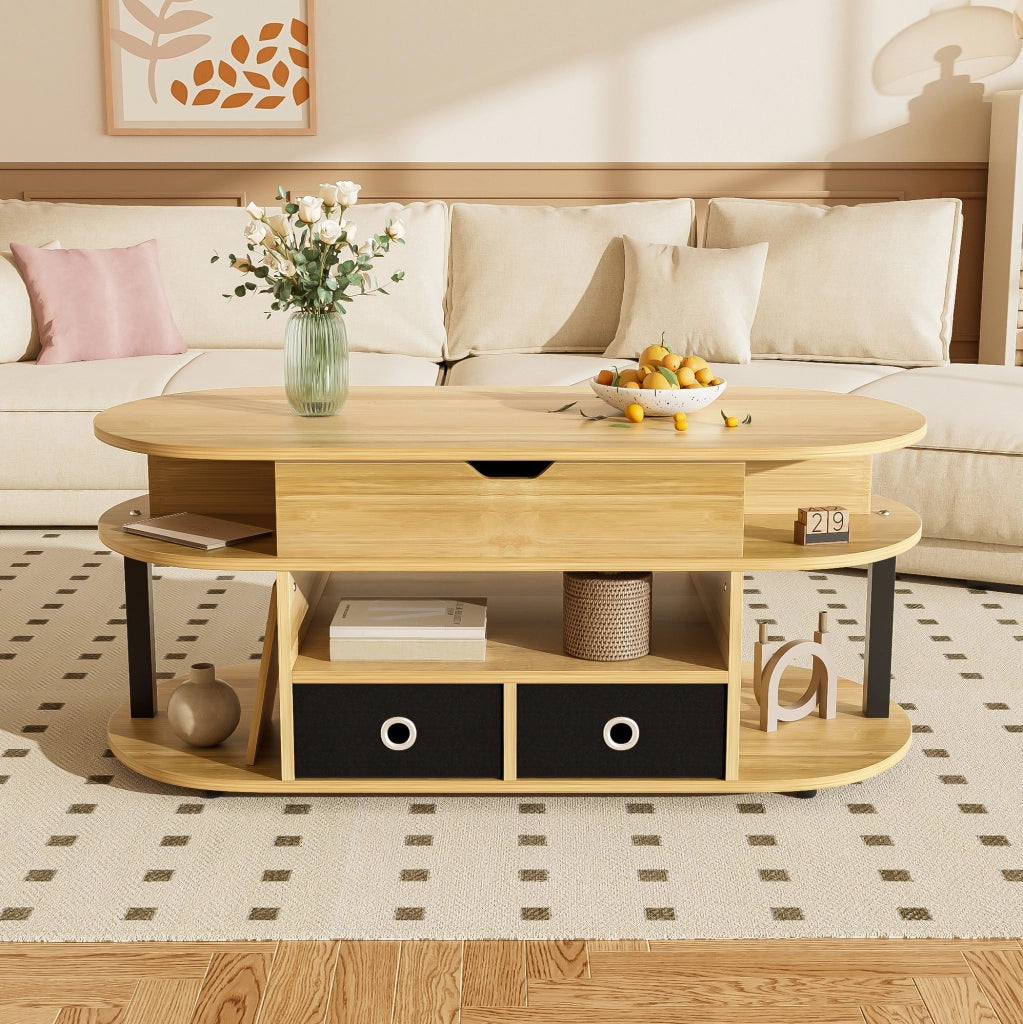 Tavolino da salotto con effetto legno, funzione alzabile, cassetti in tessuto nero e vano portaoggetti – 105x50x45/60 cm
