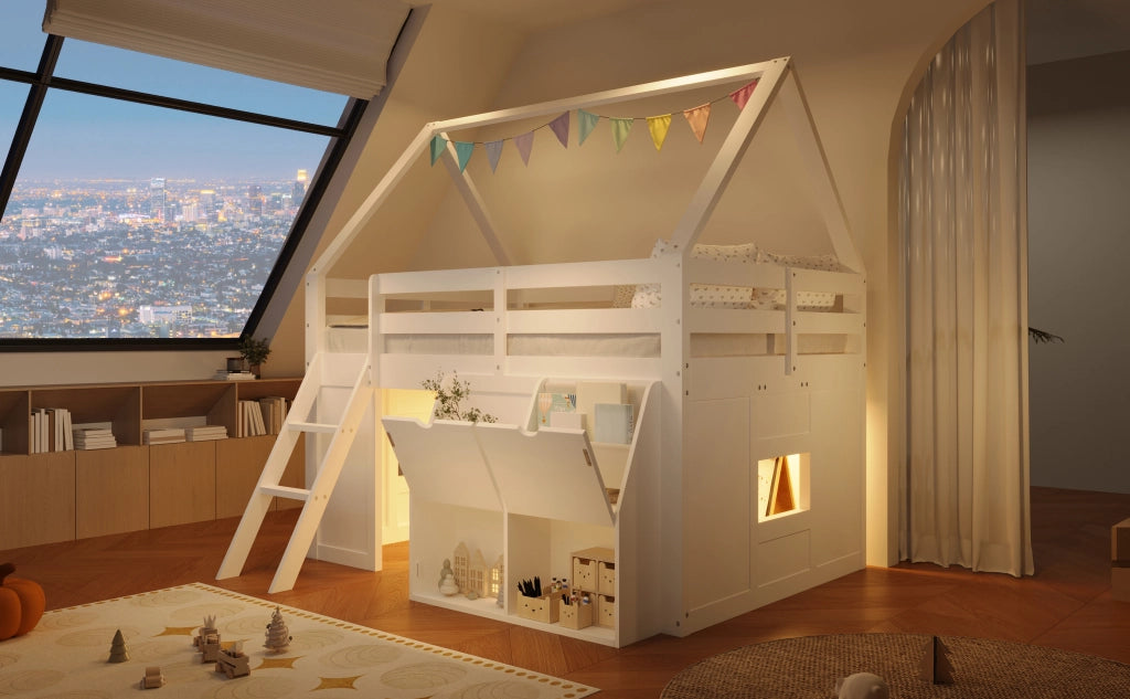 Letto a soppalco per bambini 140 × 200 cm con scala, LED, contenitori e tasche, senza materasso, bianco