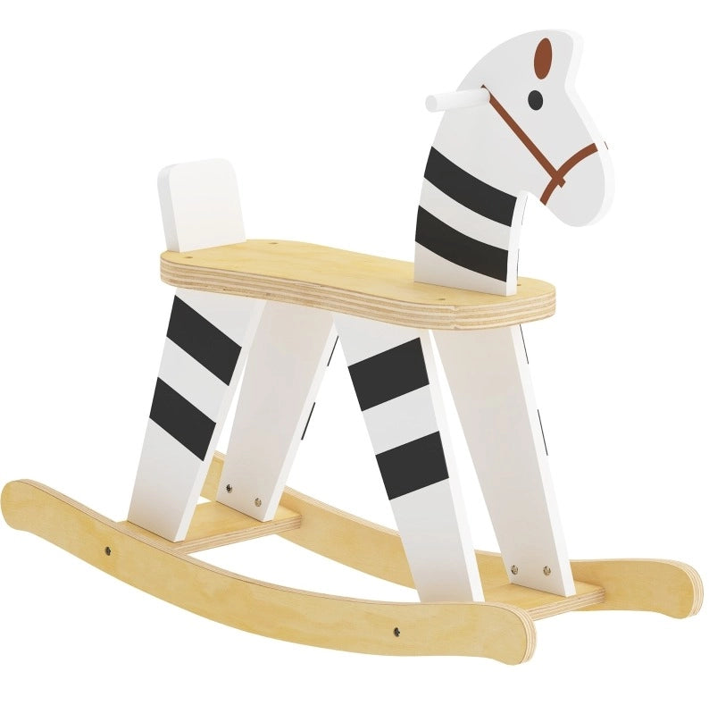Cavallo a dondolo per bambini 68x26x53 cm in legno nero e bianco, stabile per cameretta –