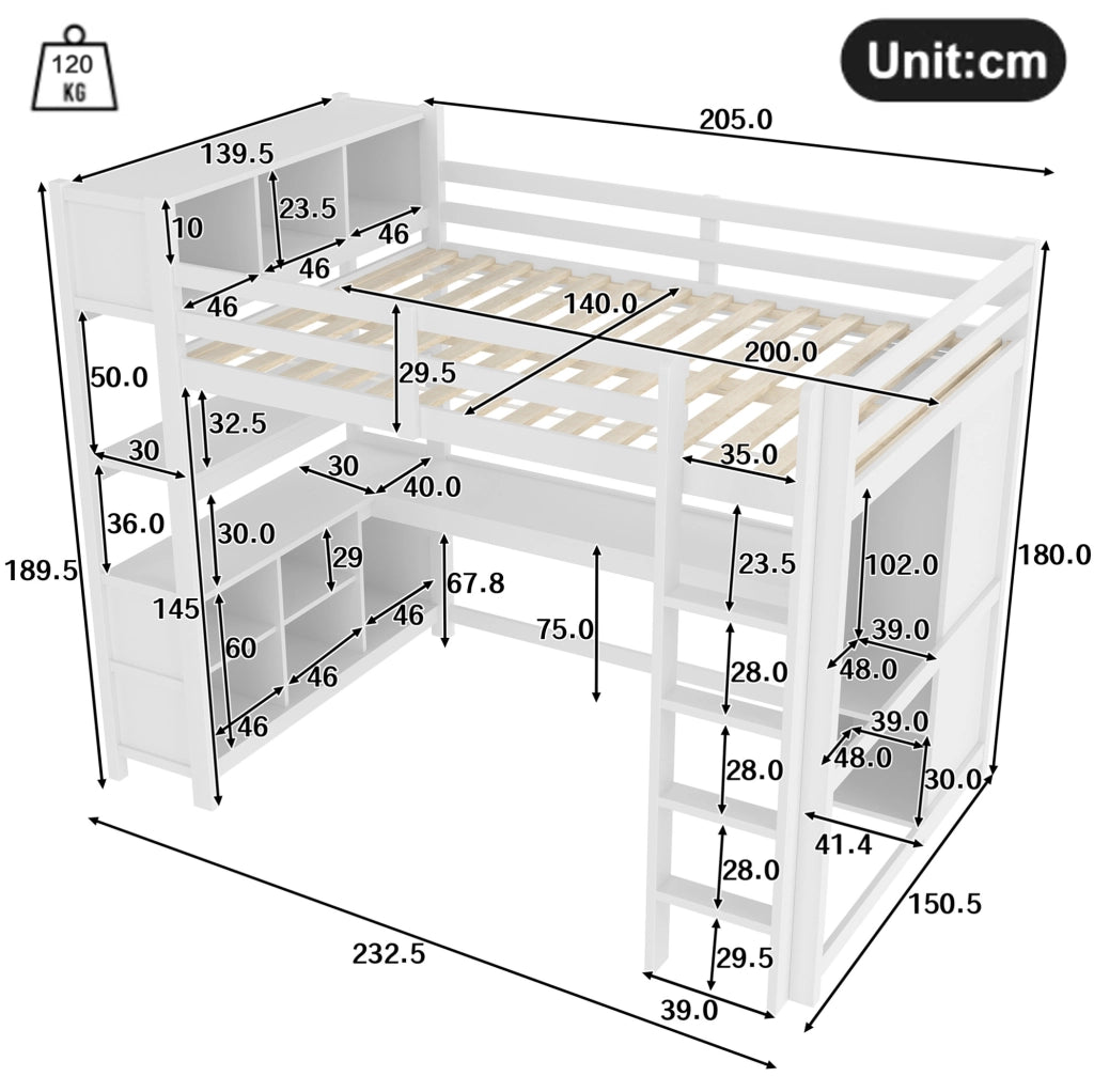 Letto a soppalco 140x200 cm bianco in pino con scrivania e contenitori