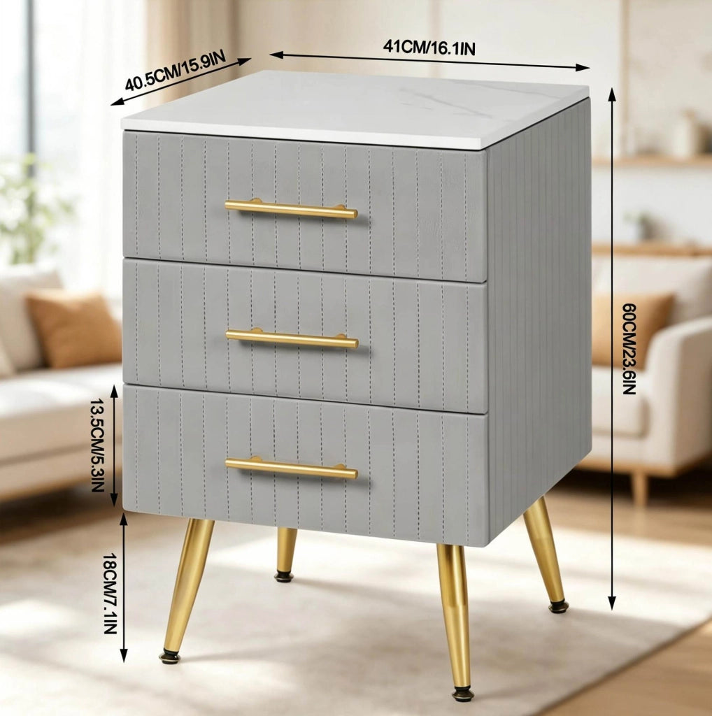 Comodino grigio con 3 cassetti in MDF, velluto e legno massello, 40,5x62x41 cm