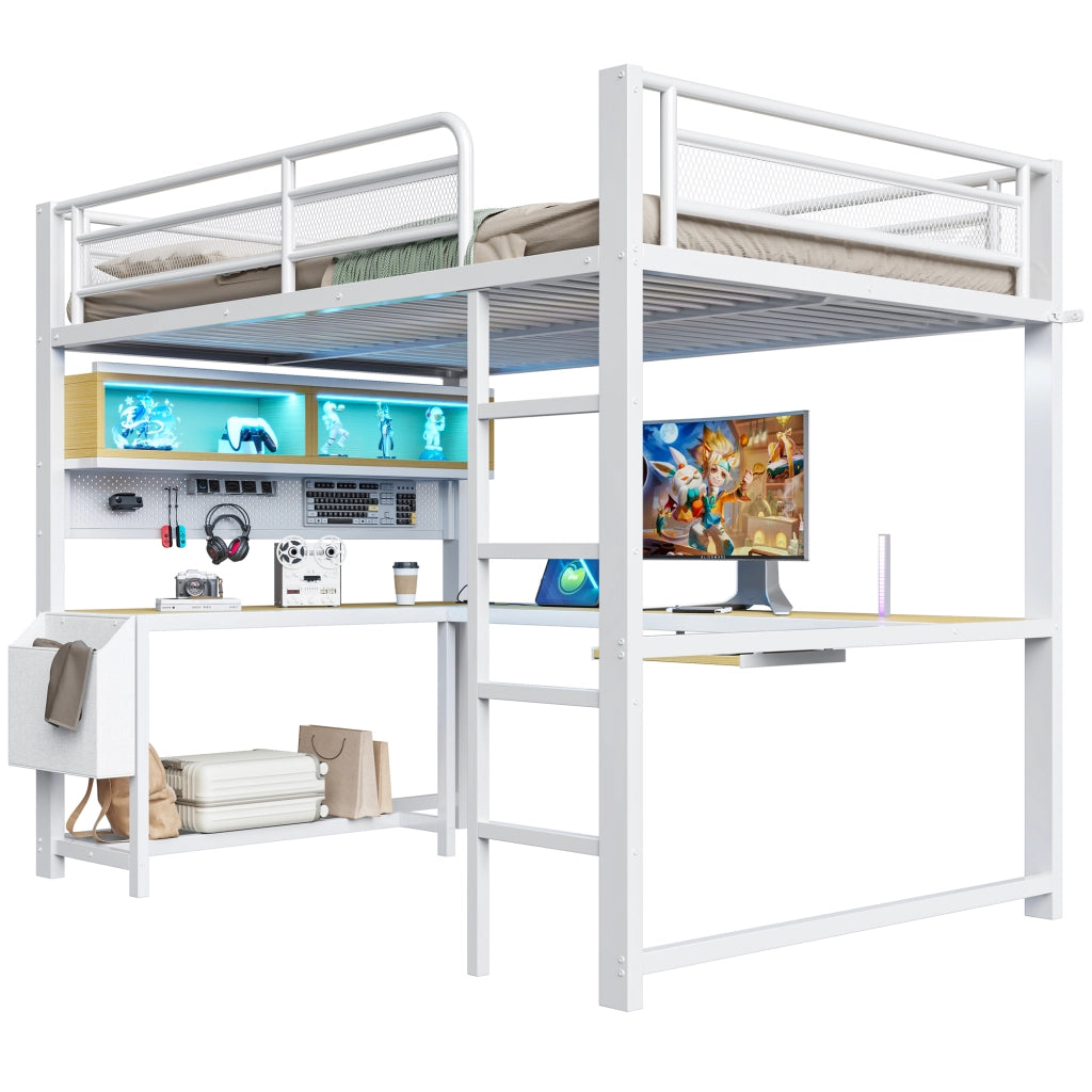 Letto a Soppalco 140x200 cm con Scrivania; LED; USB; Contenitore; Scala e Sponde; Bianco
